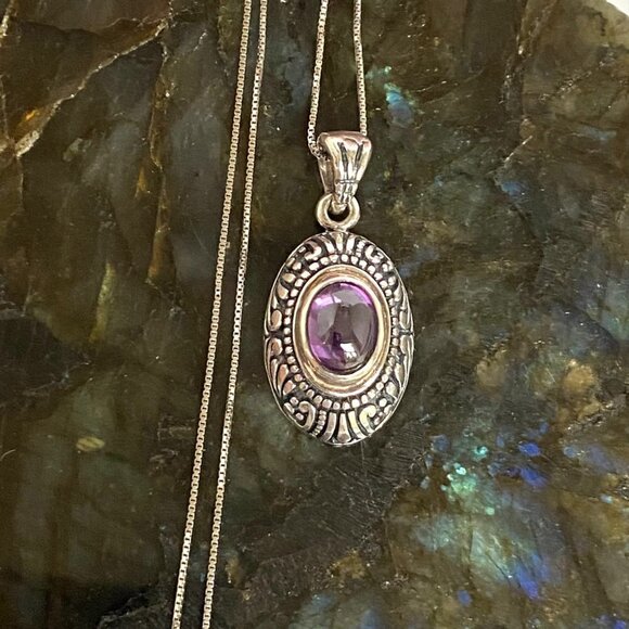 Sterling Silver 925 Scrollwork Oval Purple Cubic Zirconia Pendant Necklace 18" - Picture 16 of 16